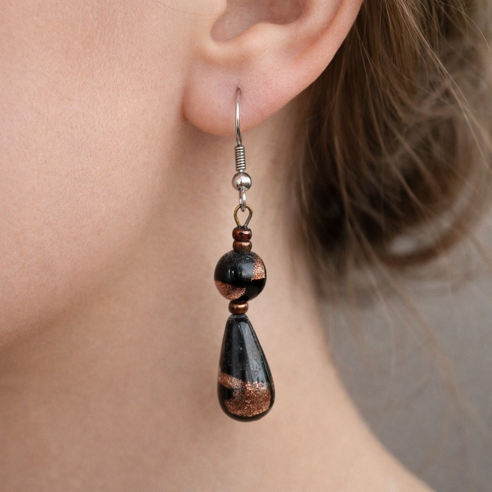 Vintage-Style Black Aventurine Glass‎ Dangle Earrings – Copper Fleck Teardrops